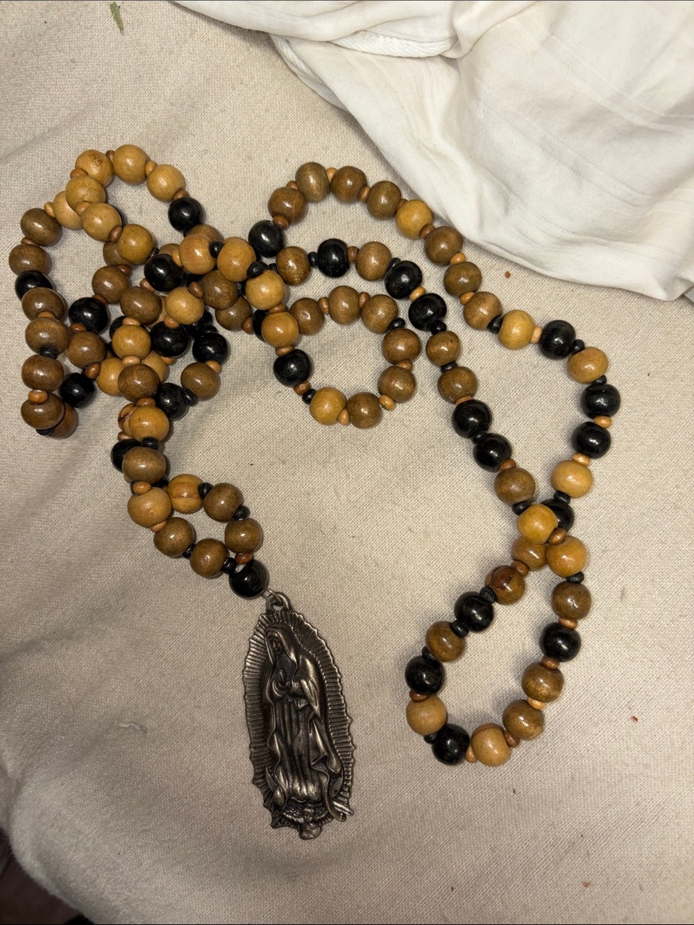 Vintage Wooden Beads Rosary-Like Necklace with Virgin Pendent